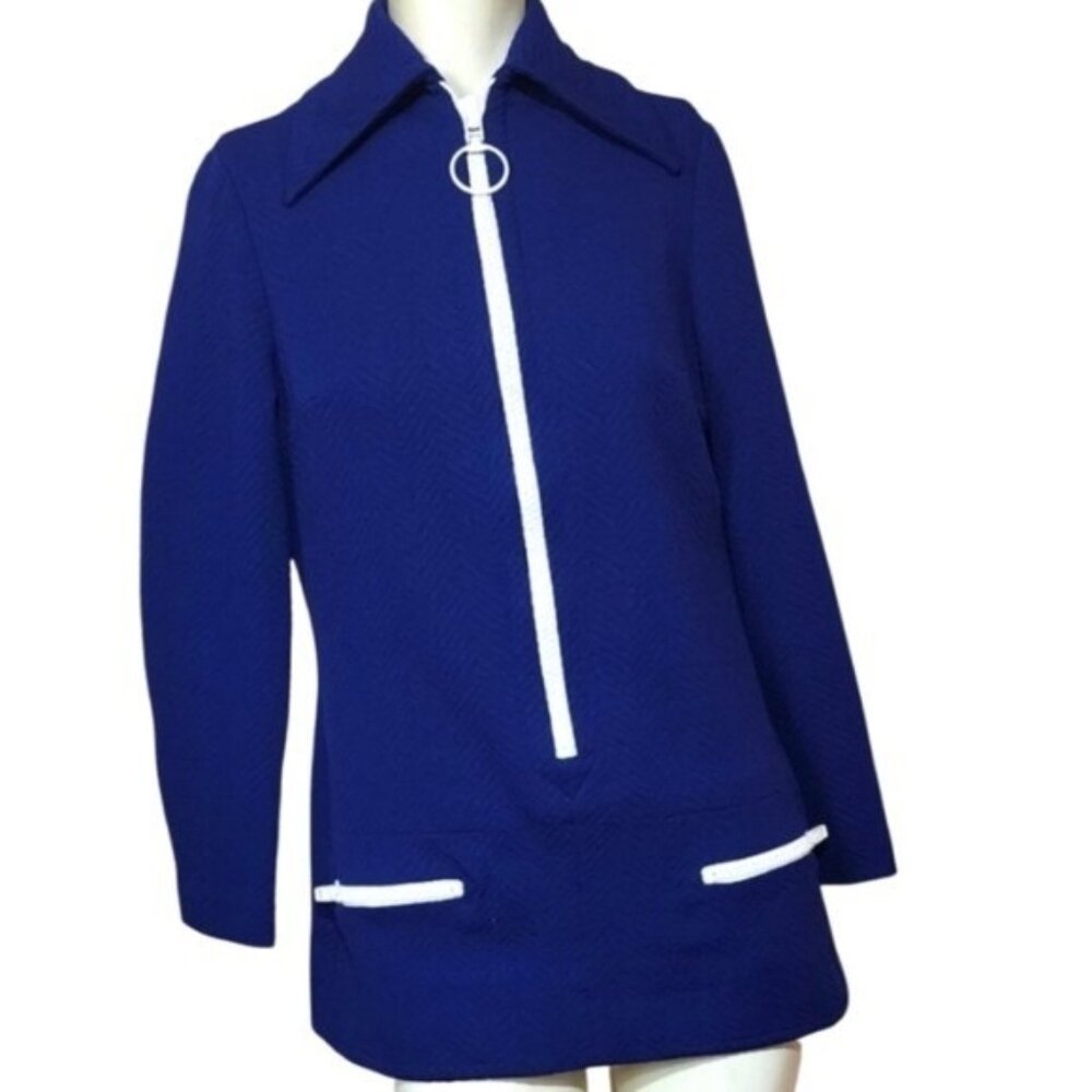 VTG 60s Vana Crimplene Mod Jacket | Cobalt Blue White Trim Zip Front Ring Pull